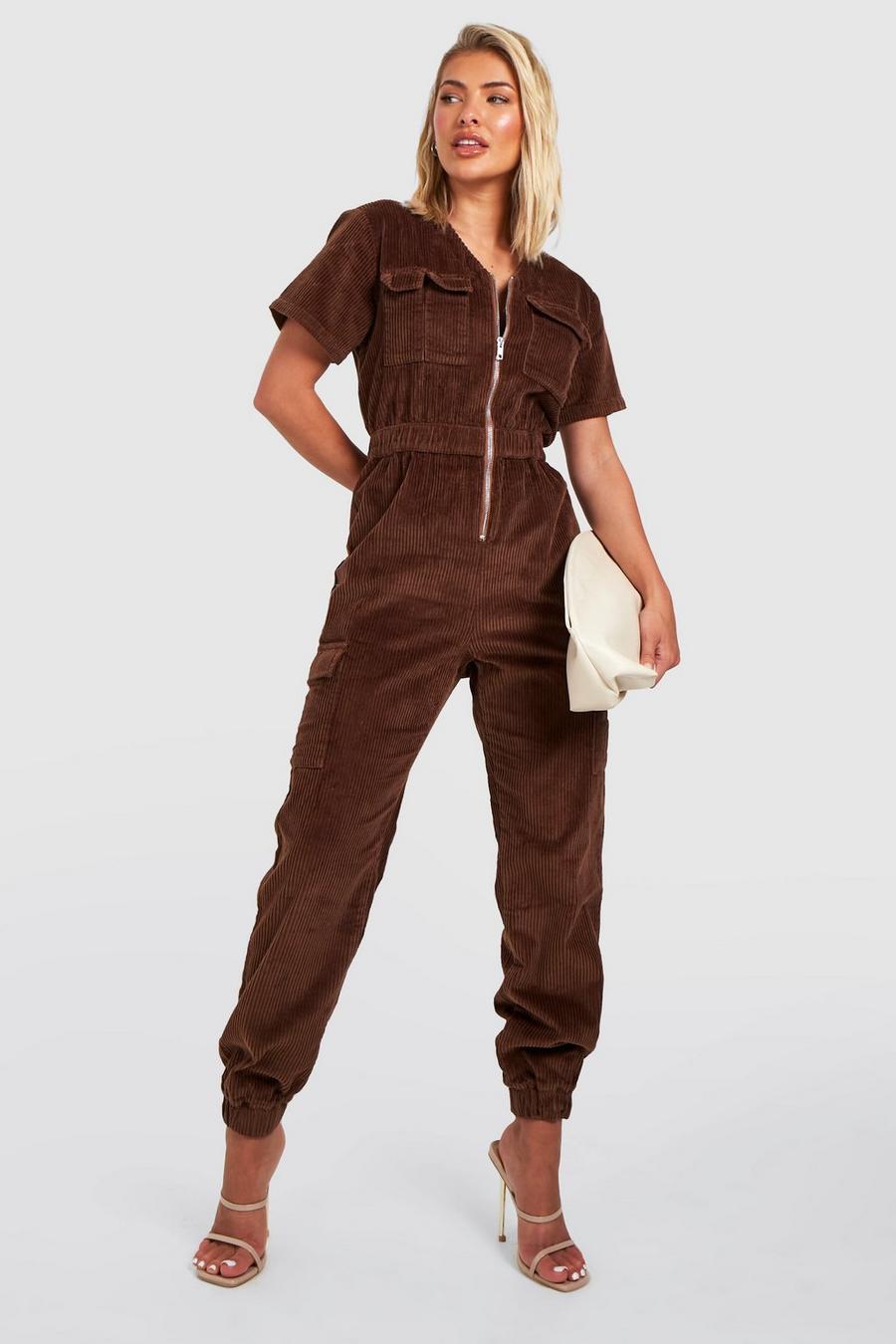Cord Jumpsuit mit Utility-Tasche, Chocolate marron