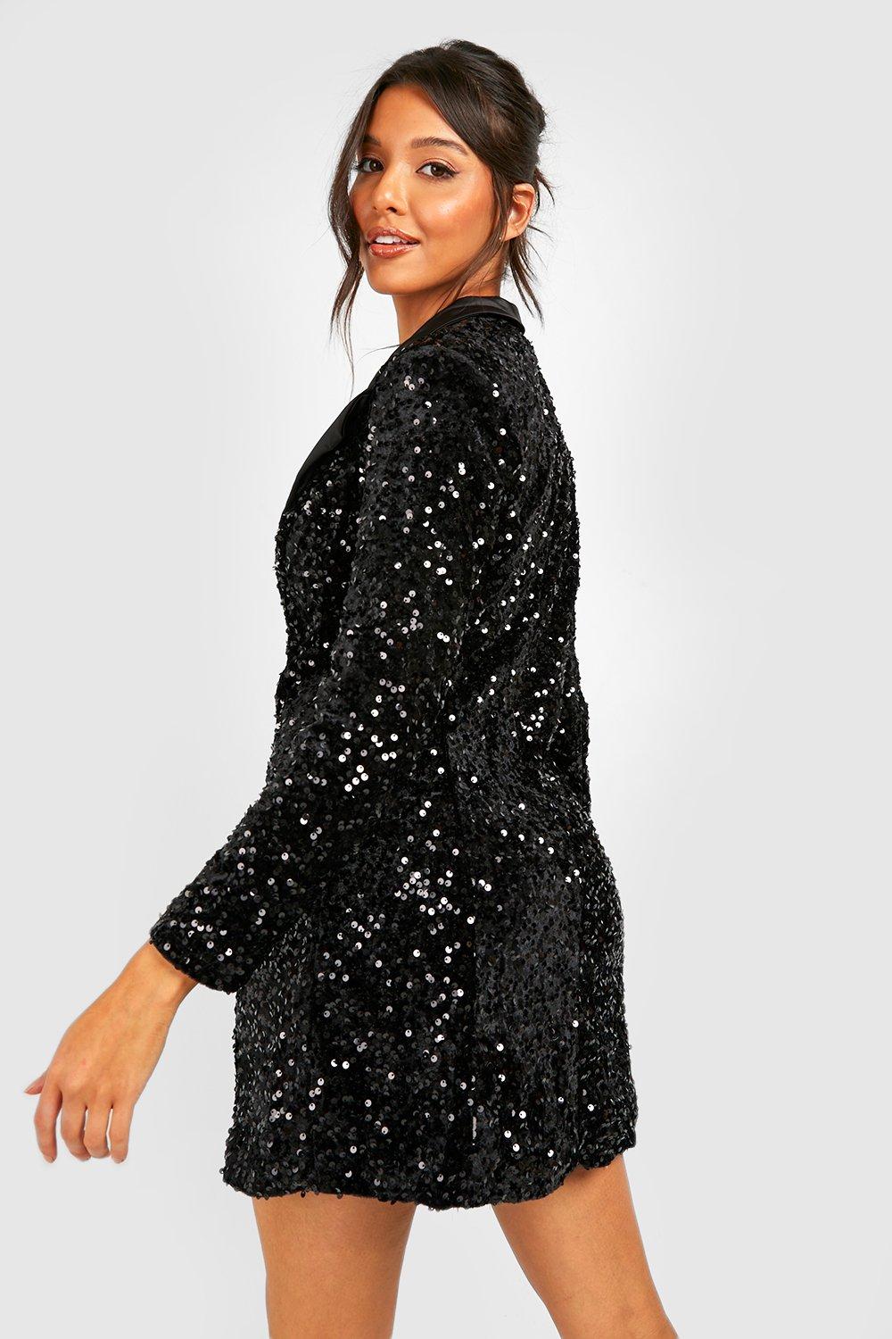 Boohoo Women s Velvet Sequin Wrap Blazer Party Dress Black