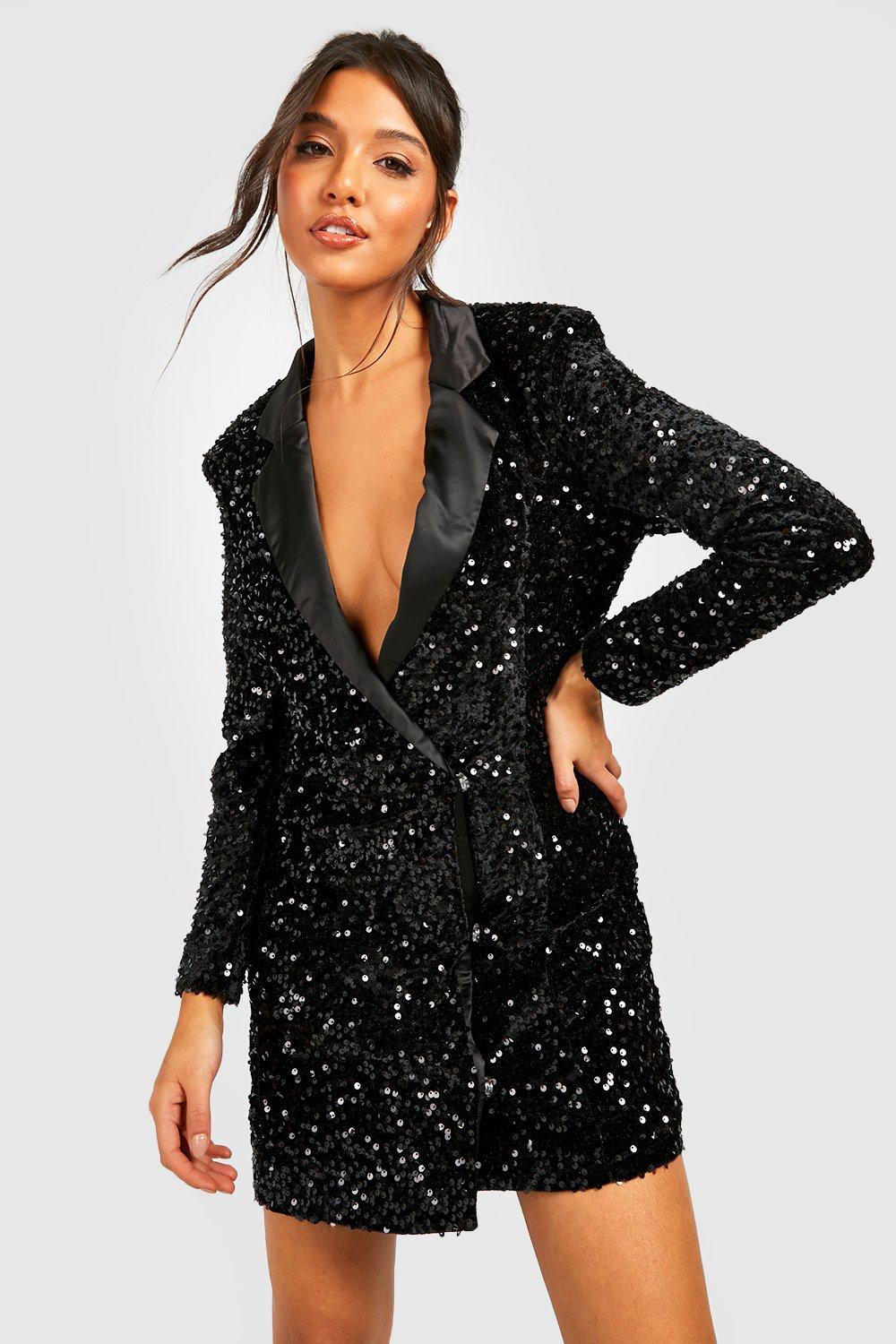 Boohoo Women s Velvet Sequin Wrap Blazer Party Dress Black