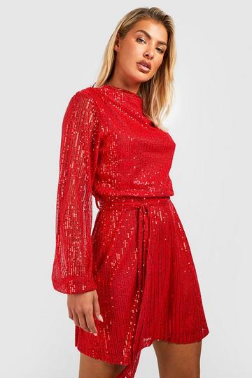 Sequin Cowl Neck Belted Skater Party Dress berry