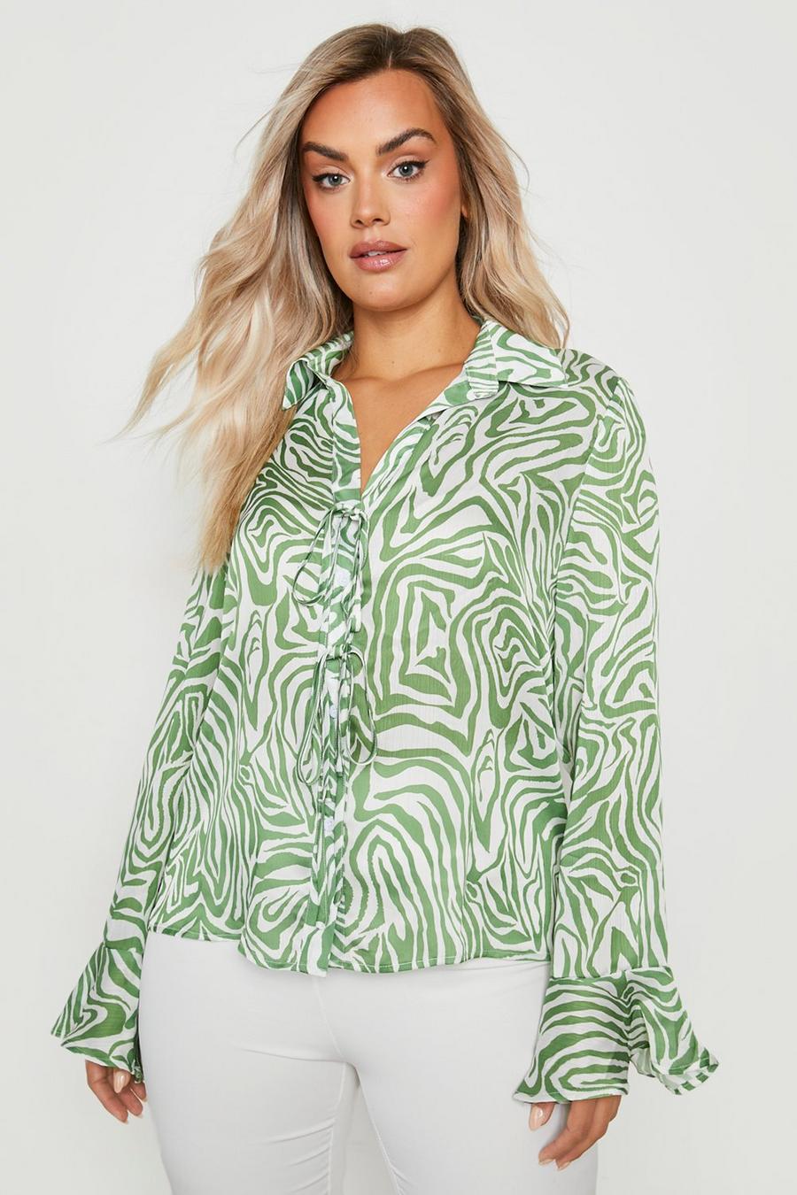 Green Plus Zebra Print Chiffon Tie Blouse image number 1