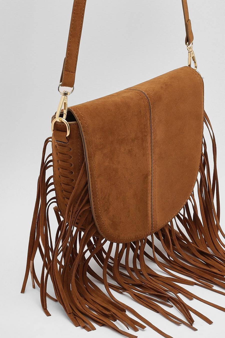 Tan brown Fringed Over The Shoulder Saddle Bag image number 1