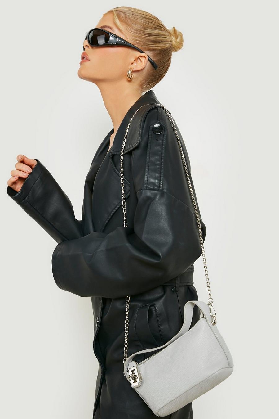 Grey grau Zip And Lock Chain Shoulder Bag