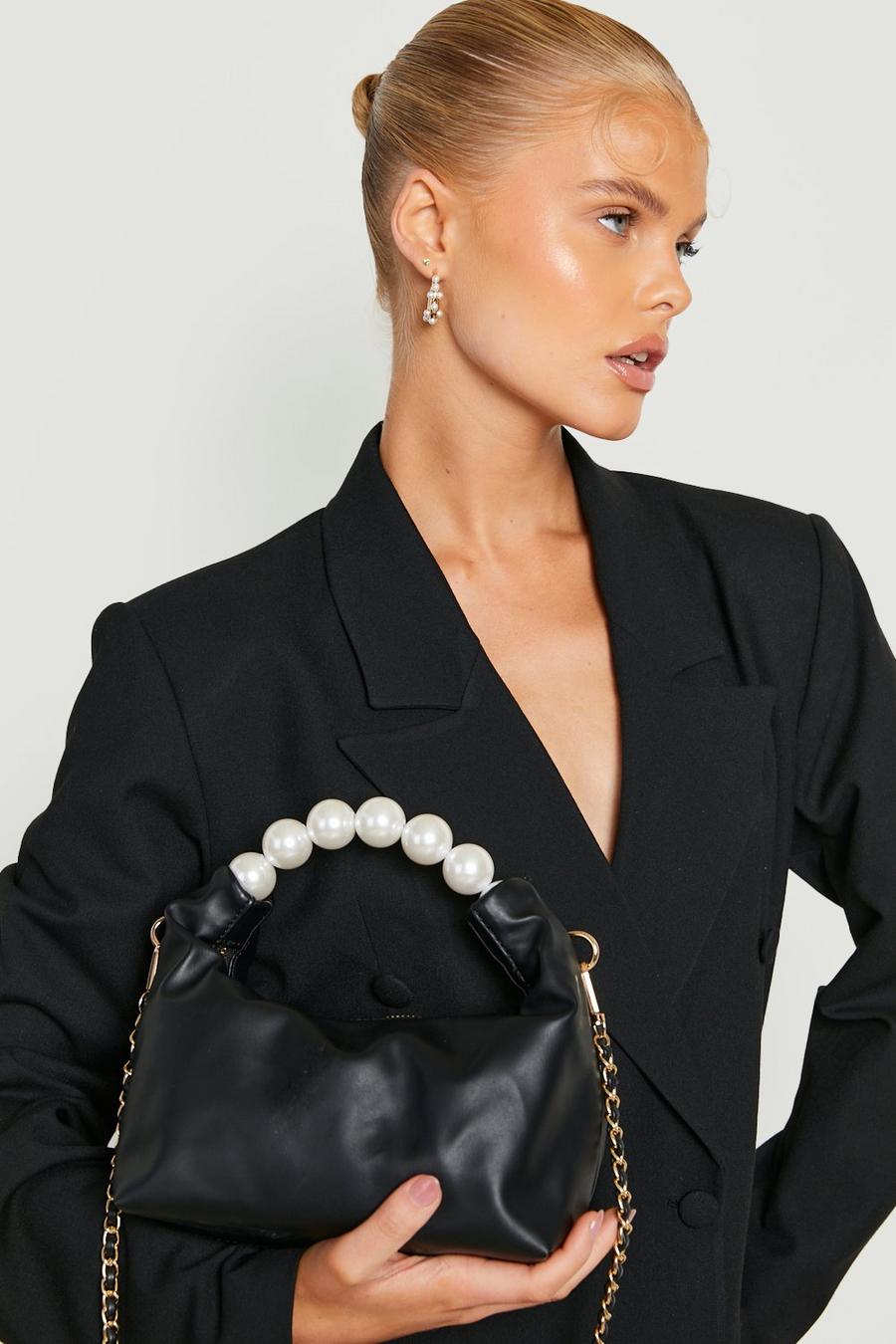 Bolso de mano con asa de perlas, Black image number 1
