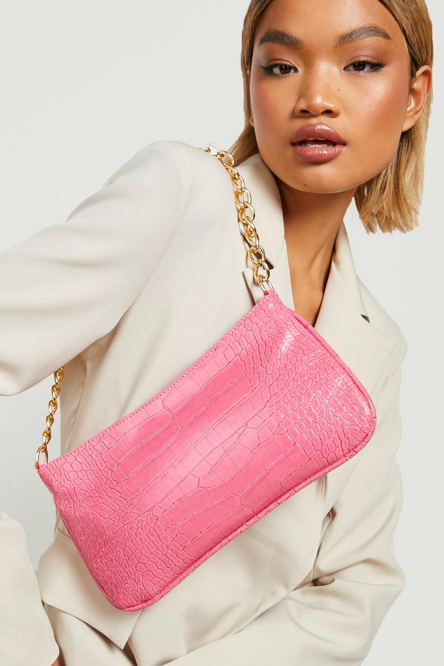 Fuchsia pink Croc Chunky Chain Shoulder Bag