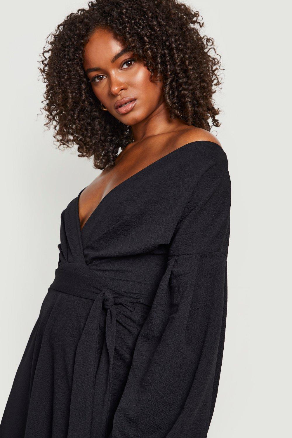 Women s Tall Off The Shoulder Wrap Midi Skater Dress Boohoo UK