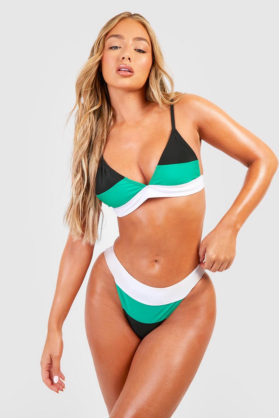 Green Color Block Plunge High Waisted Bikini Set image number 1