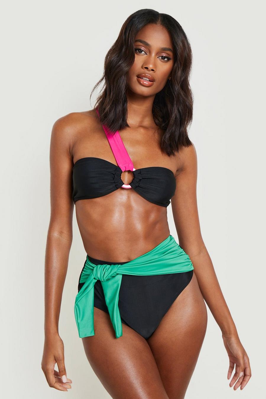 Black Color Block Bandeau Strap Tie Bikini Set image number 1