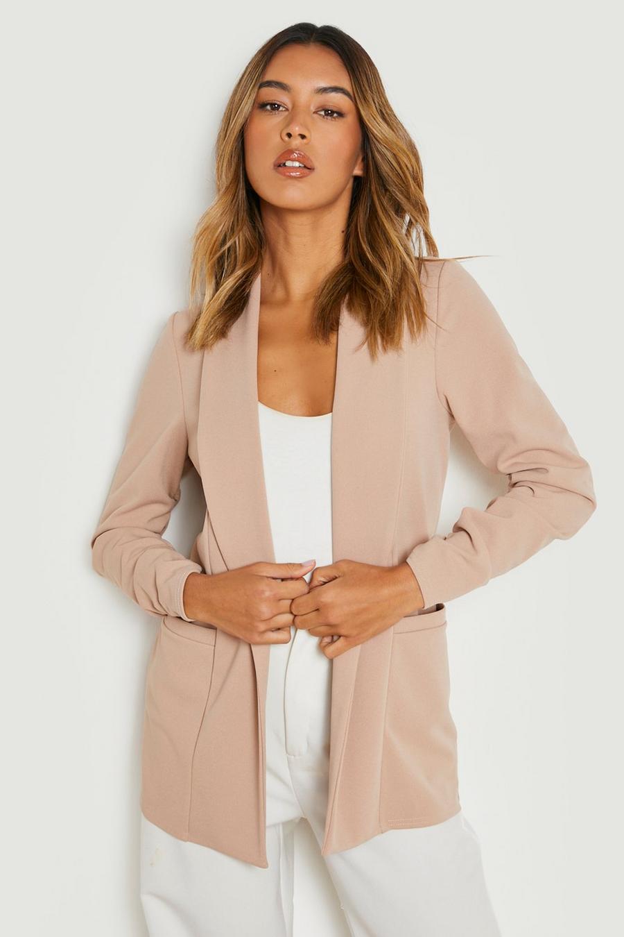 Sand Jersey Knit Ruched Sleeve Blazer image number 1