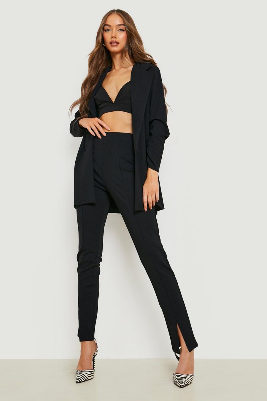 Black Ruched Sleeve Blazer & Split Front Trousers image number 1
