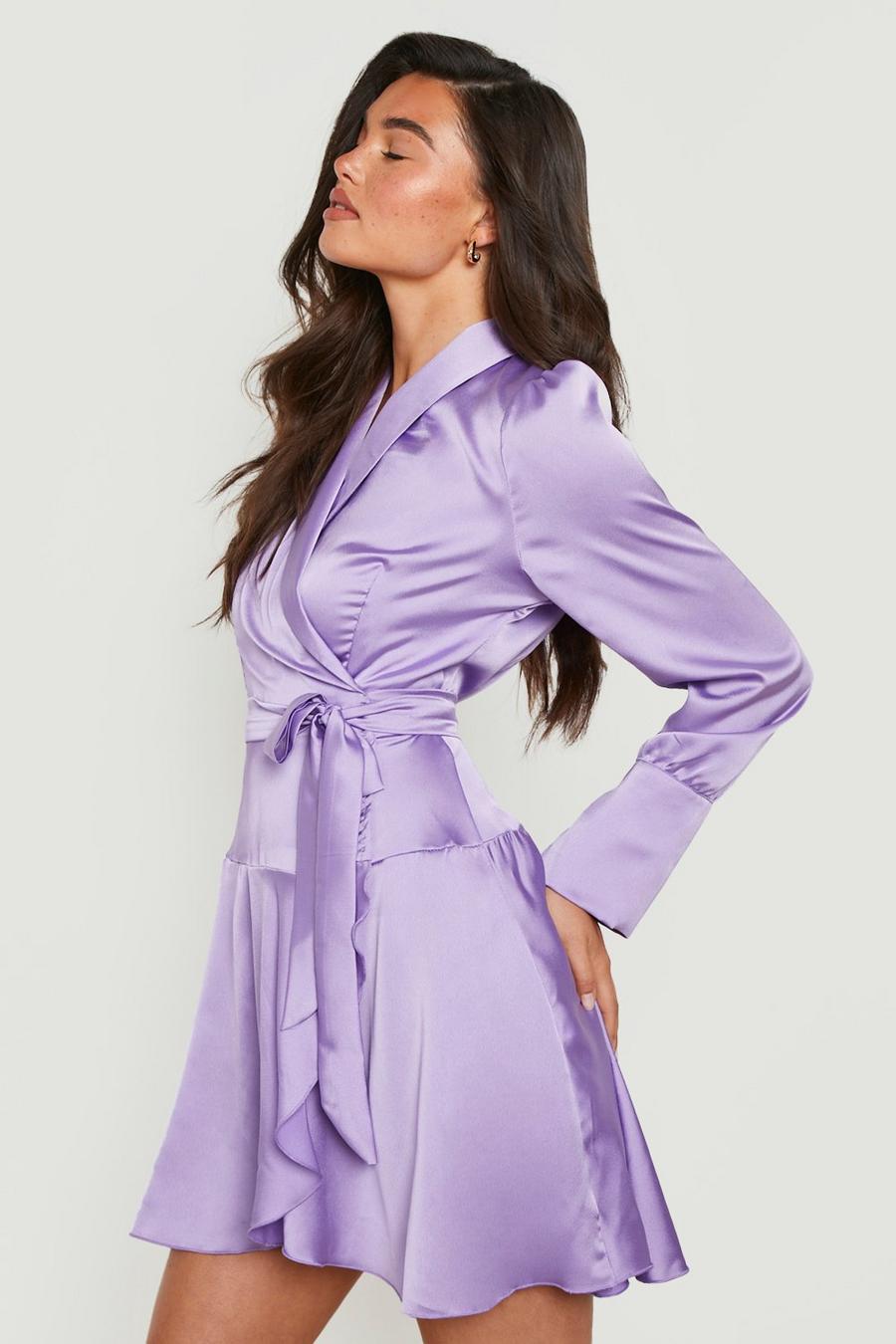 Lilac purple Satin Wrap Frill Hem Mini Dress