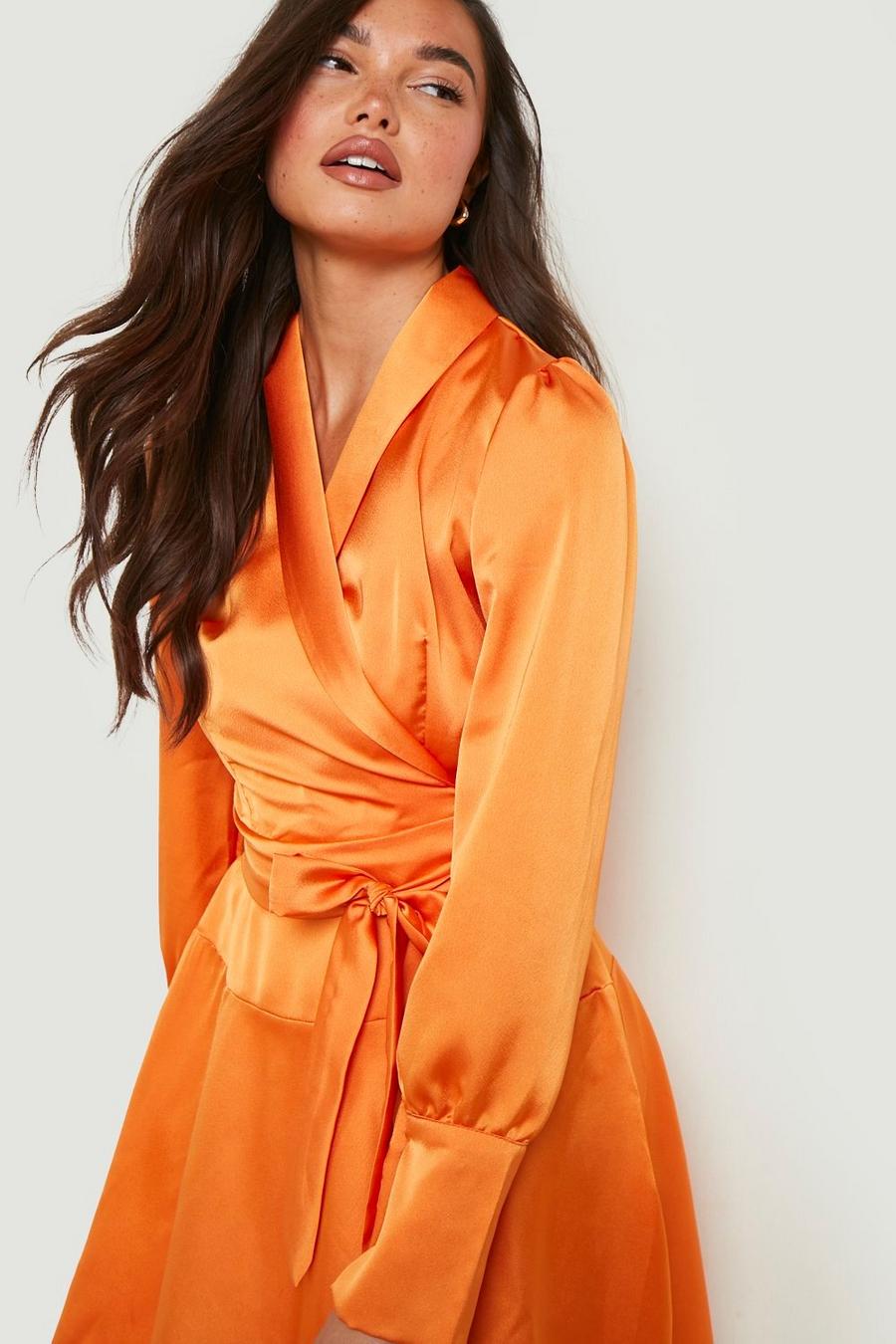 Orange Satin Wrap Frill Hem Mini Dress image number 1