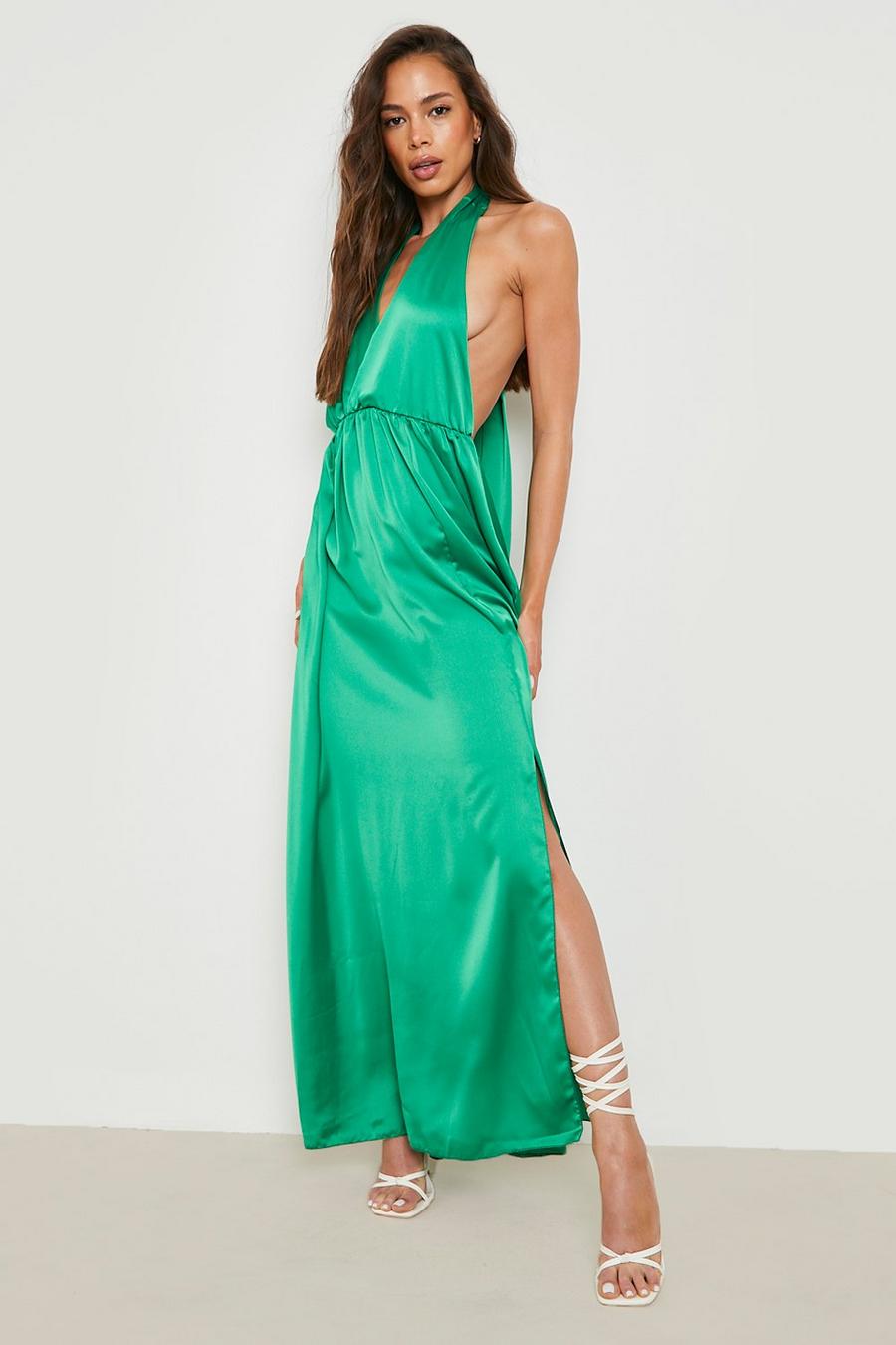 Green Satin Open Back Wrap Maxi Dress image number 1