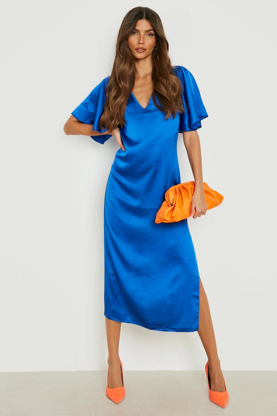 Cobalt blue Satin Angel Sleeve Midaxi Dress