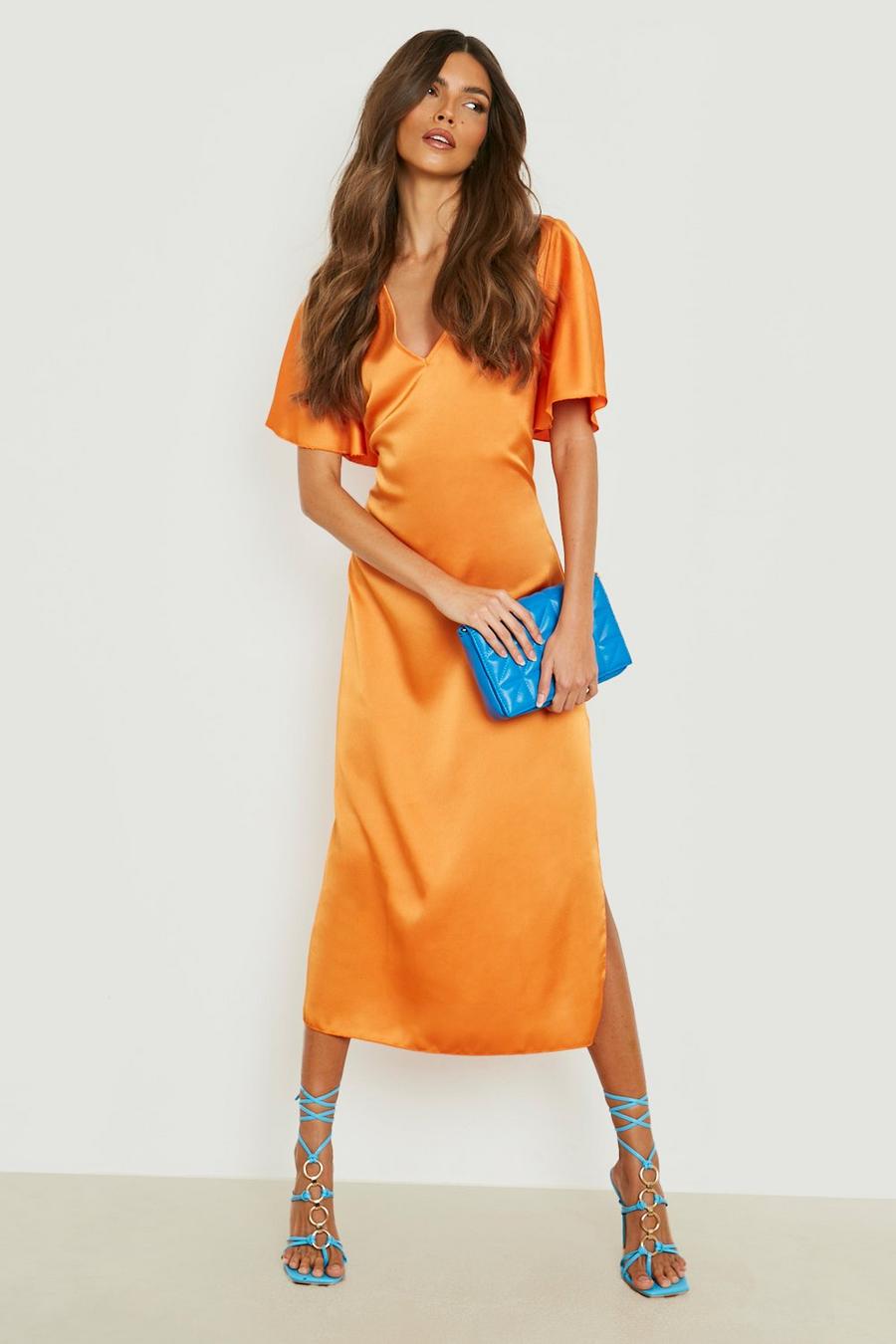 Orange Satin Angel Sleeve Midaxi Dress