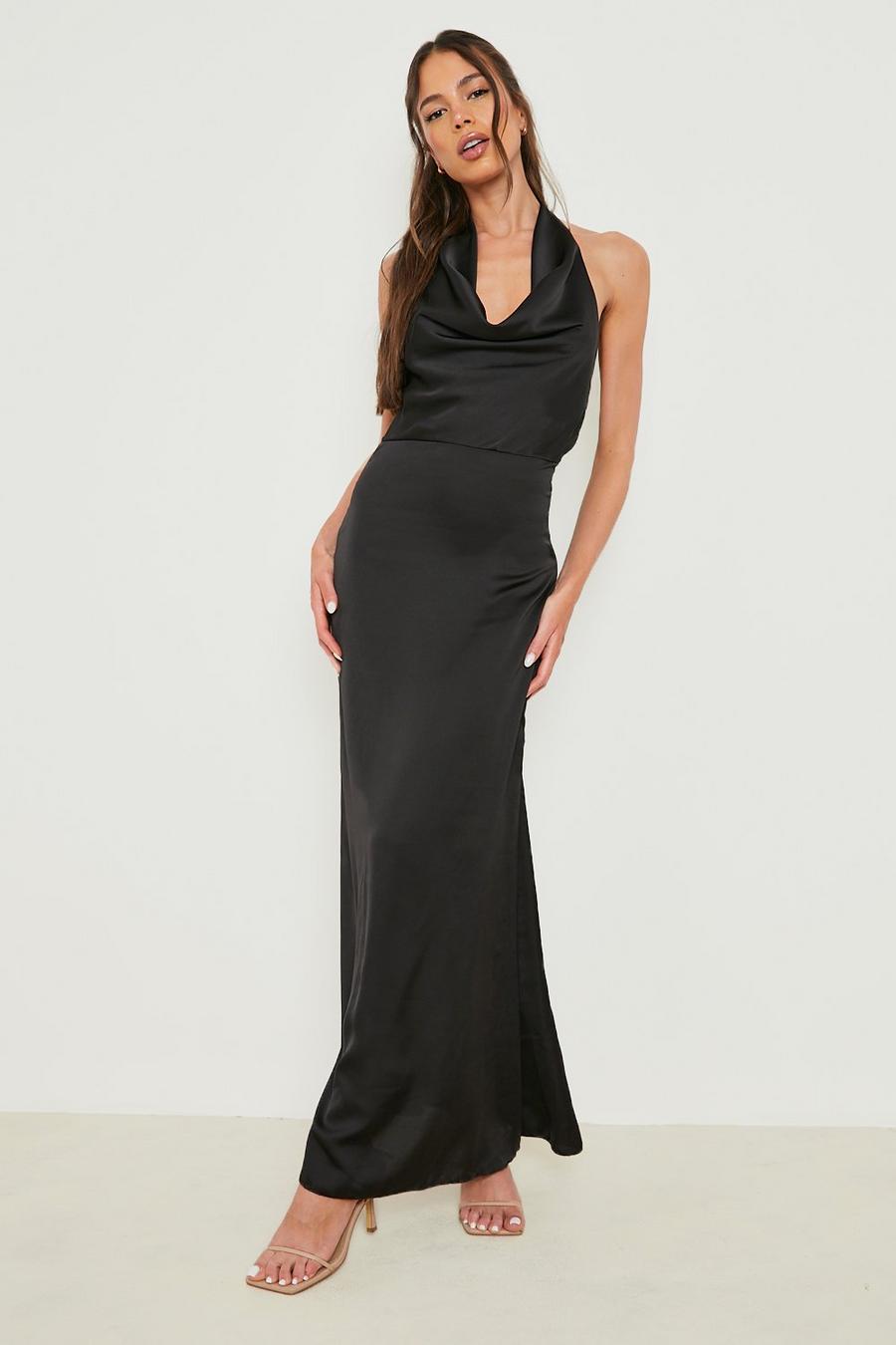 Black Satin Cowl Neck Maxi Dress image number 1