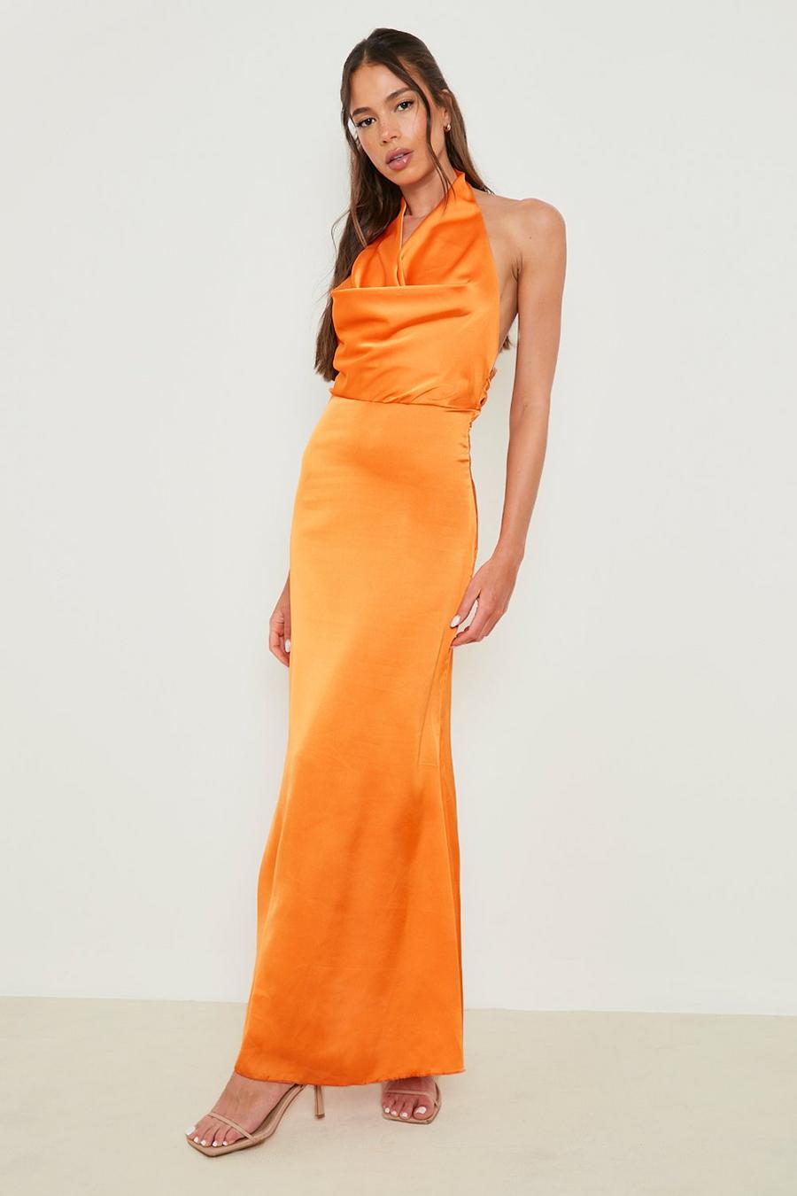 Orange Satin Cowl Neck Maxi Dress