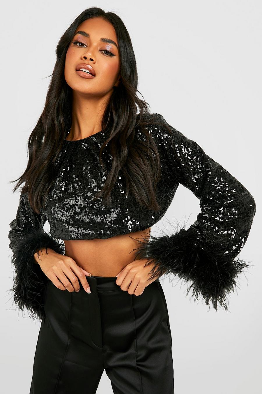 Black Sequin Tie Back Feather Cuff Top image number 1