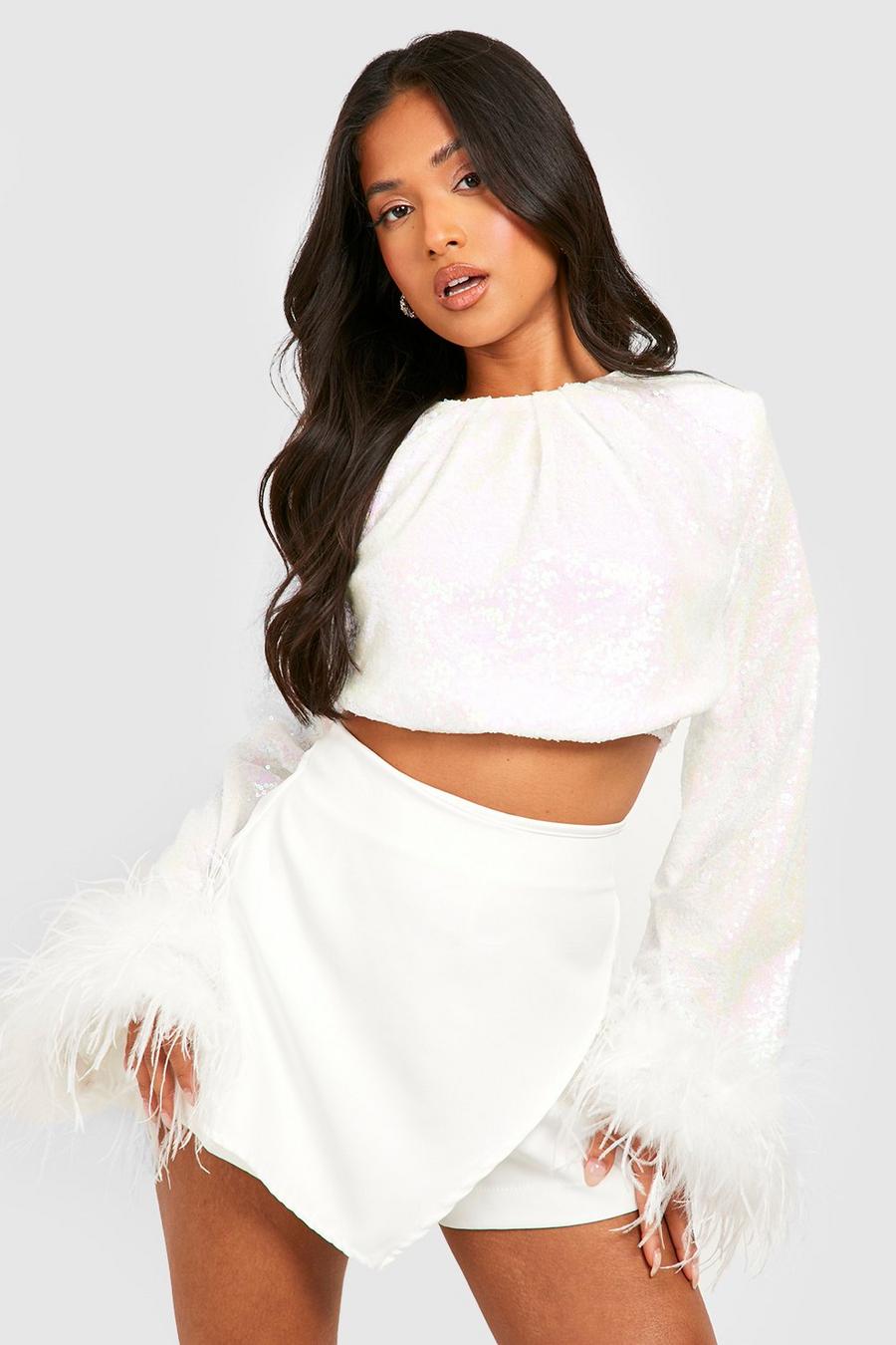 White Sequin Tie Back Feather Cuff Top image number 1