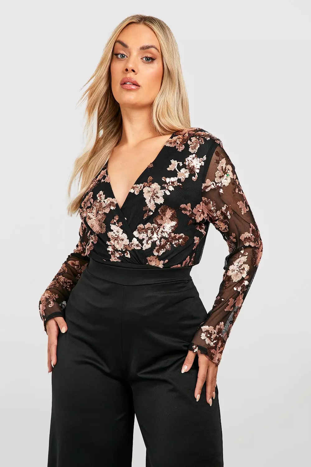 Bronze Plus Damask Sequin Wrap Bodysuit alternative image