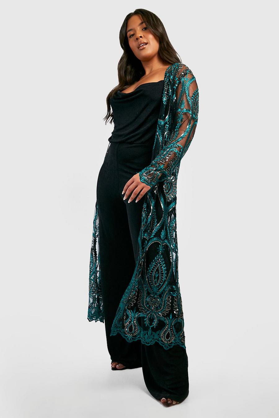 Teal green Plus Damask Sequin Longline Duster