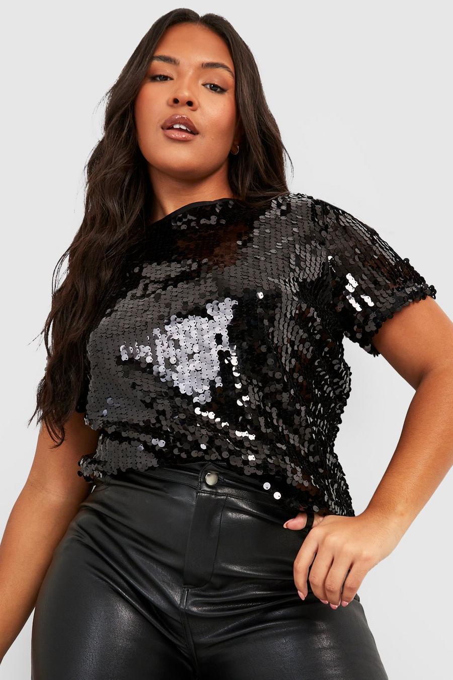 T-shirt Plus Size con paillettes a disco, Black image number 1