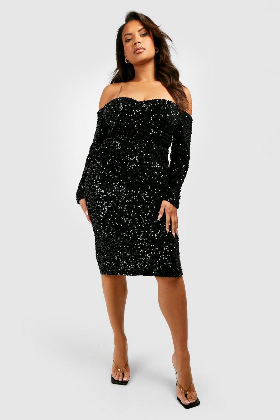 Black Plus Knälång off shoulder-klänning med paljetter image number 1
