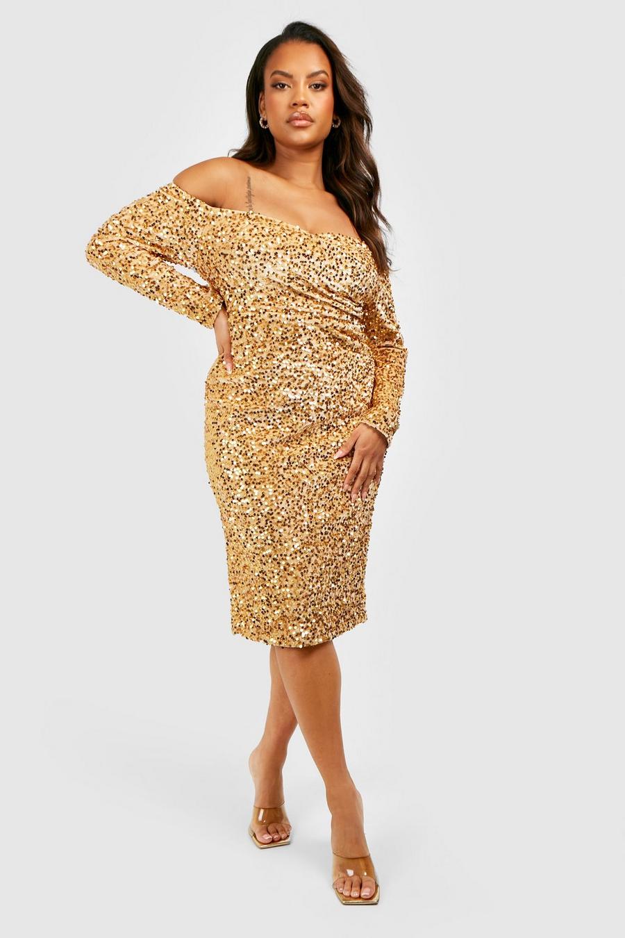 Gold Plus Sequin Off The Shoulder Midi Dress  image number 1