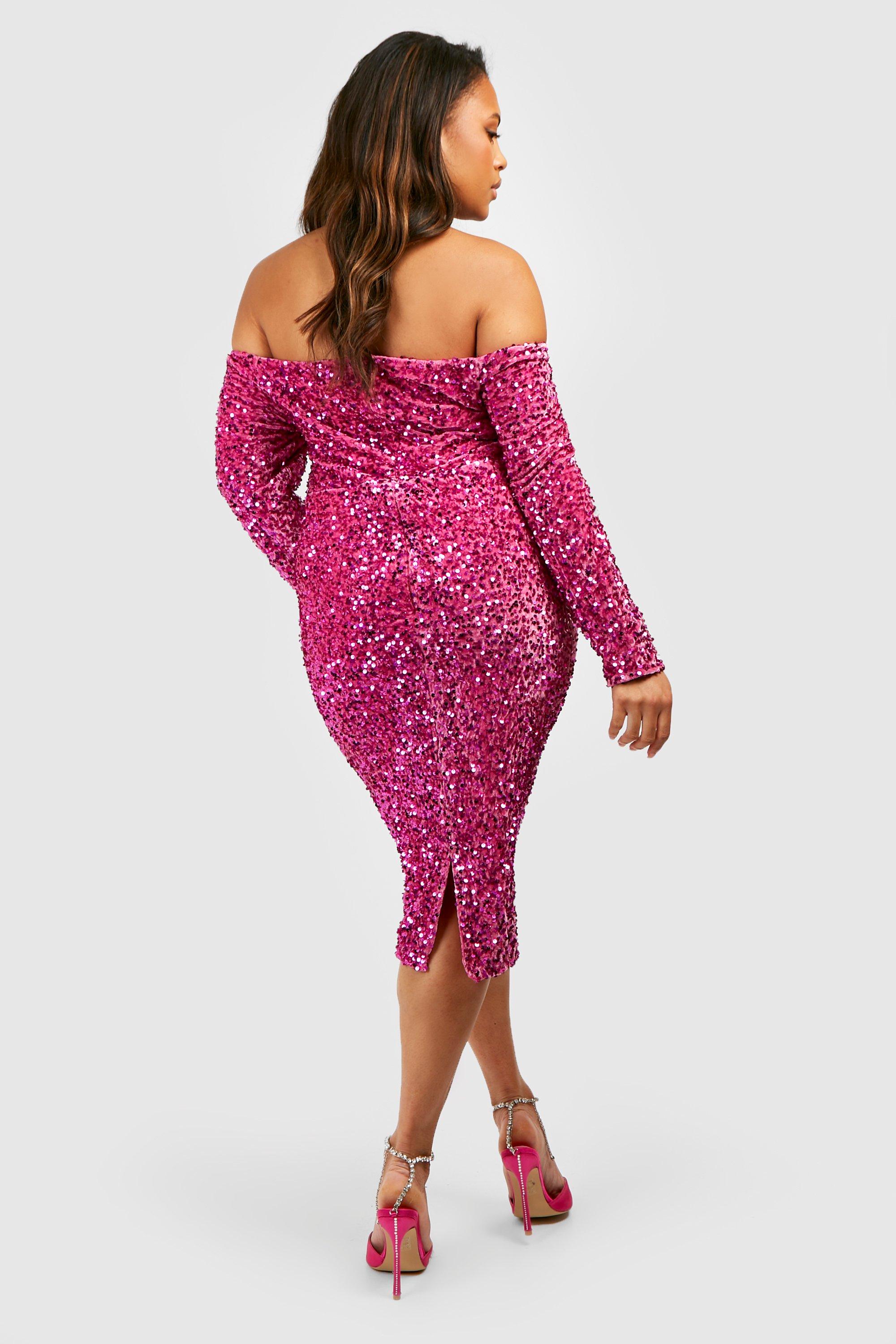 Womens - Sequin Halter Neck Midi Dress in Magenta Pink Sequin