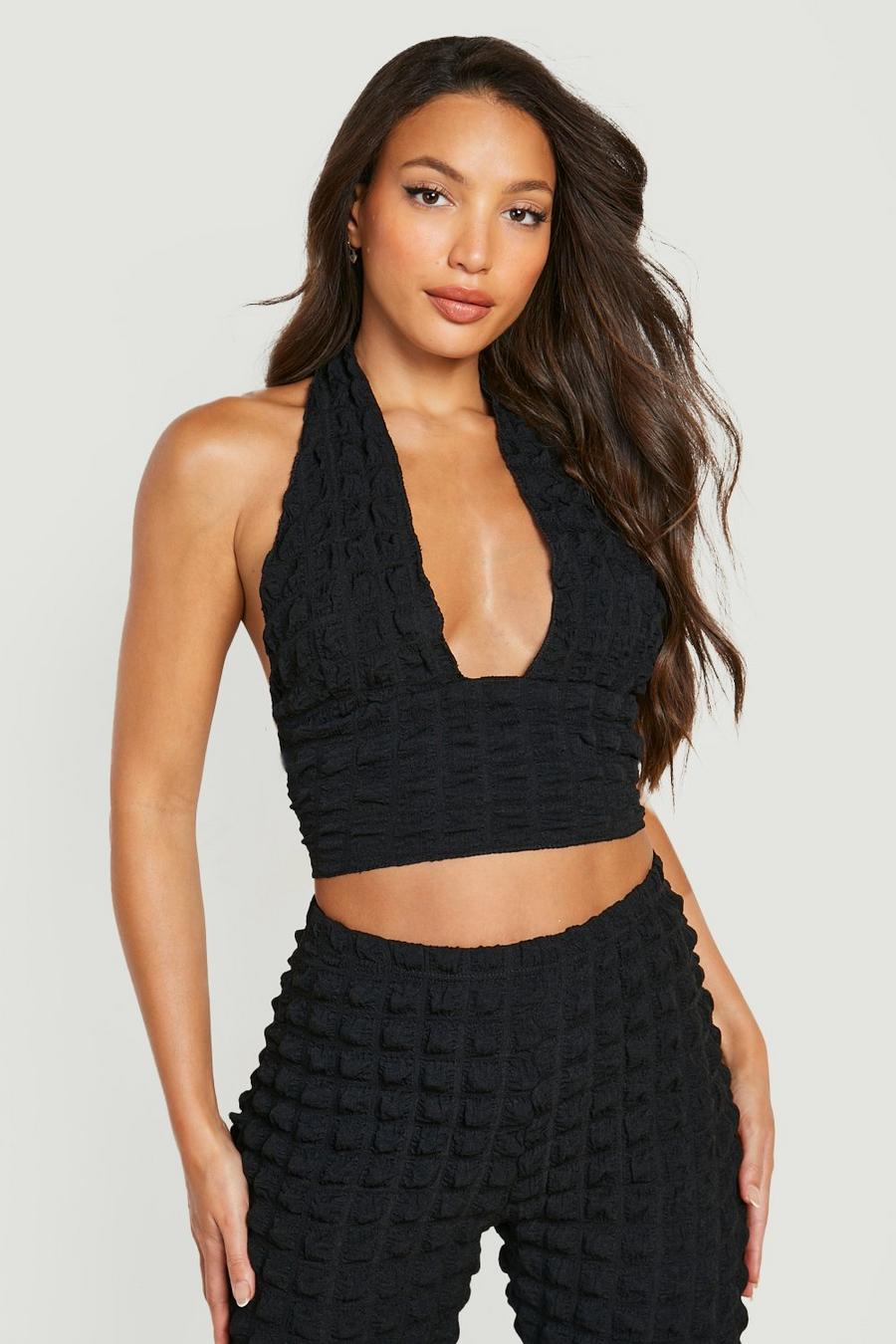 Black Tall Bubble Jersey Knit Halter Top image number 1