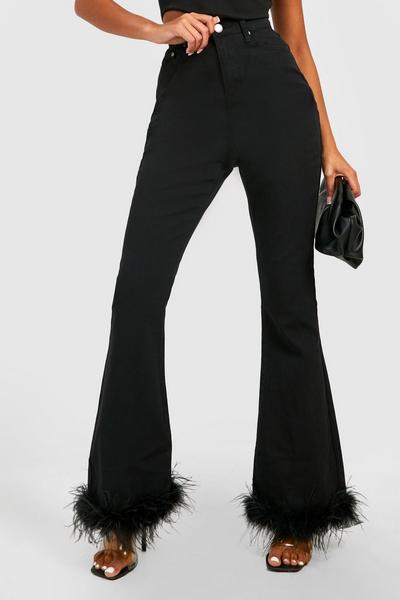 boohoo black Tall Feather Trim Flare Jeans