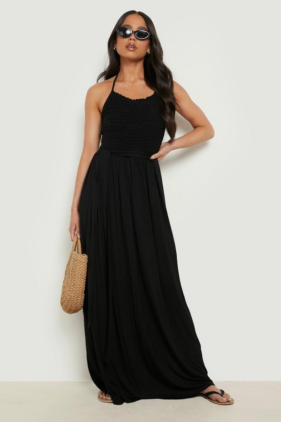 Black Petite Square Neck Ruffle Belted Maxi Dress  image number 1