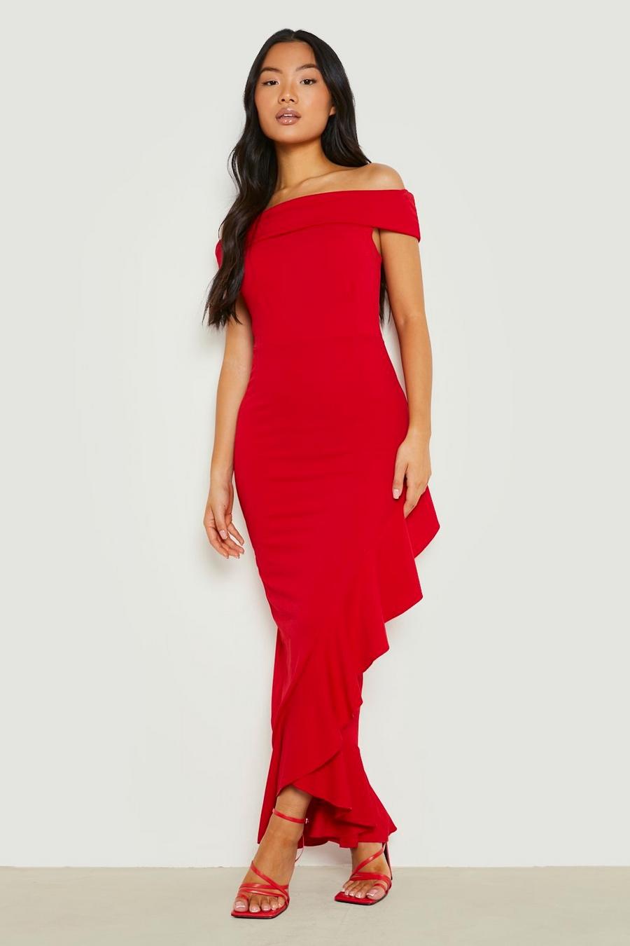 Red Petite Bardot Ruffle Hem Wrap Maxi Dress