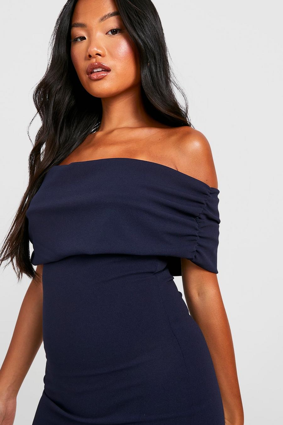 Navy Petite Ruched Off The Shoulder Train Detail Maxi Dress image number 1