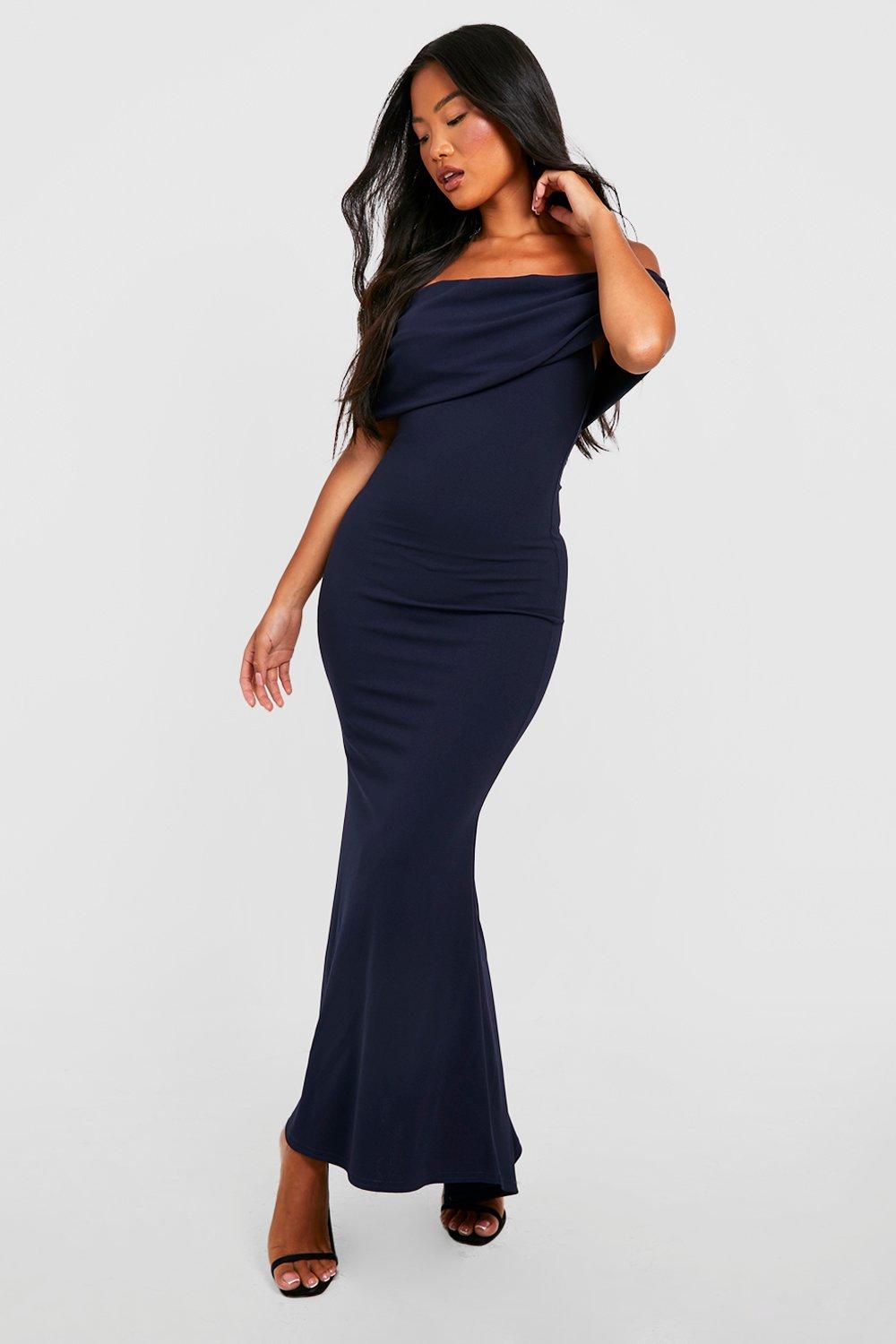 Petite Ruched Bardot Train Detail Maxi Dress boohoo