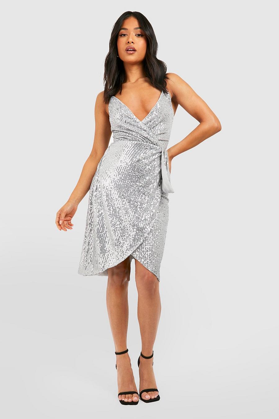 Silver Petite Sequin Wrap Midi Dress image number 1