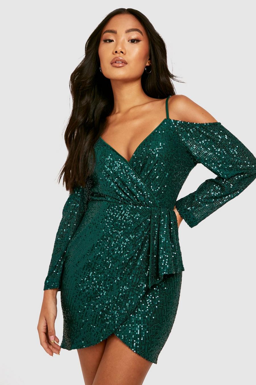 Emerald green Petite Sequin Cold Shoulder Drape Wrap Dress