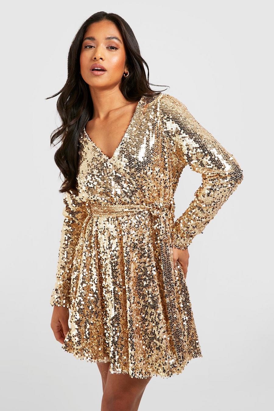 Gold Petite Sequin Wrap Belted Skater Dress image number 1