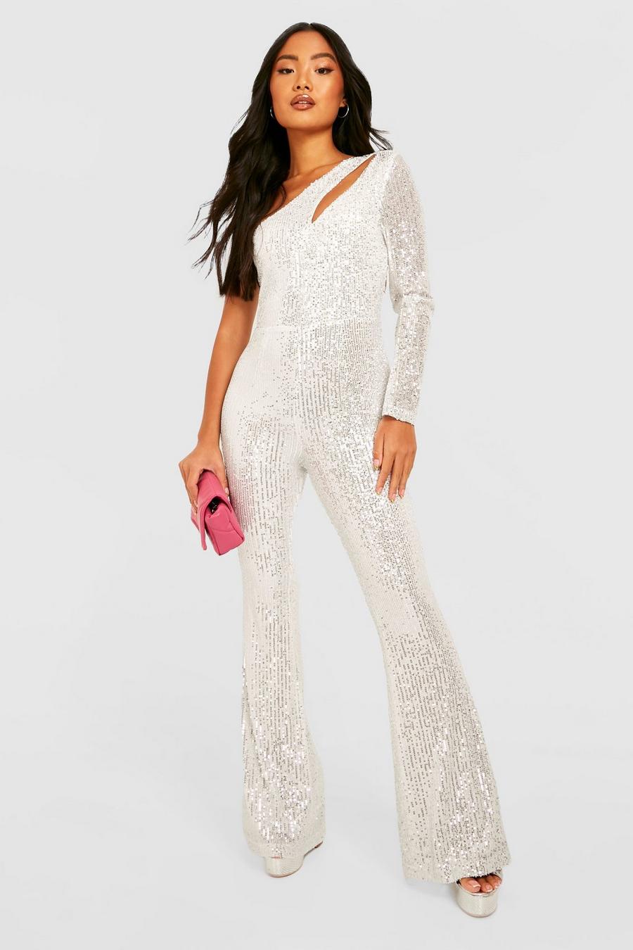 Silver Petite One Shoulder Sequin Cut Out Jumpsuit