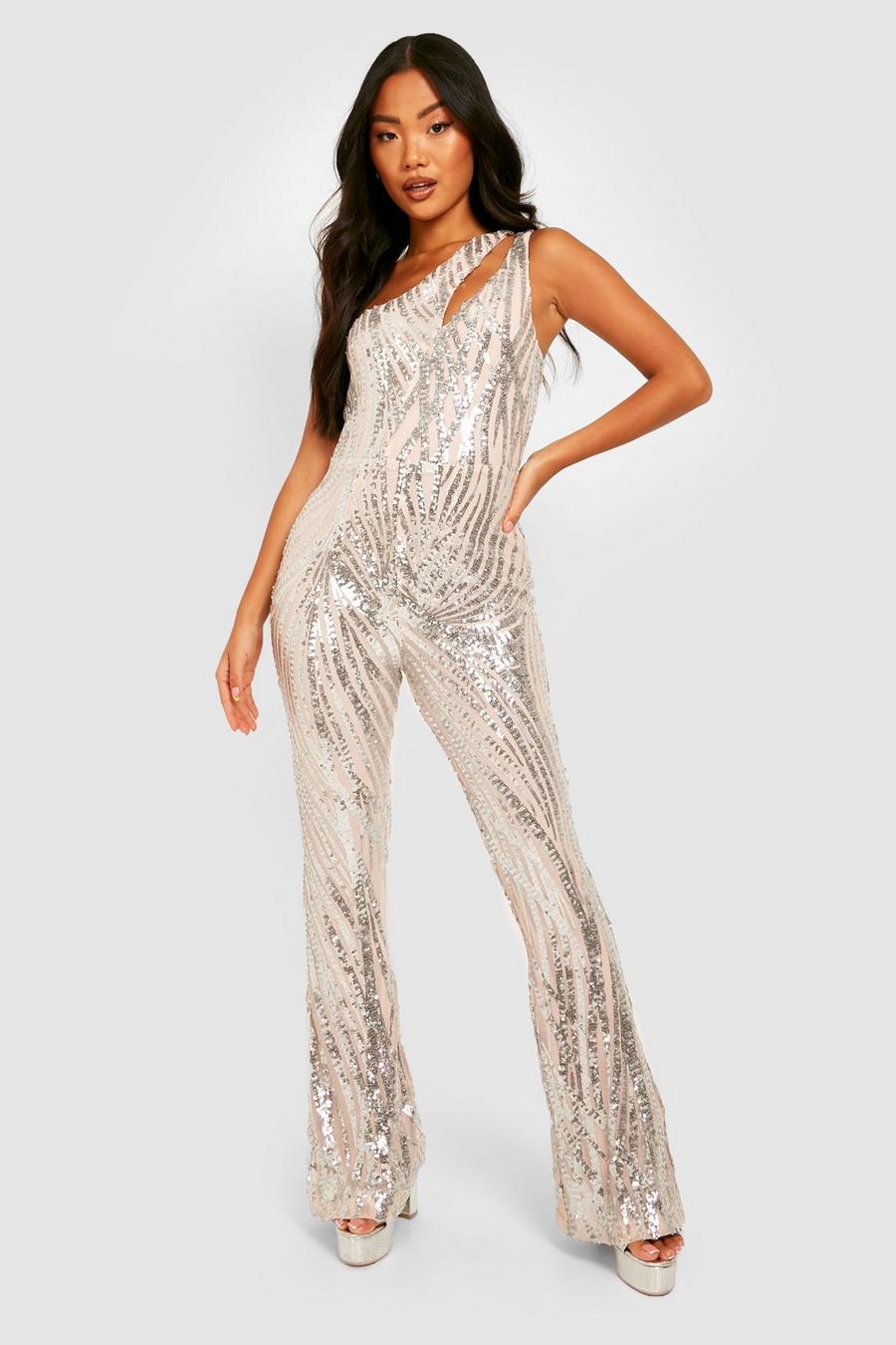 Silver Petite Abstract Sequin Asymmetric Jumpsuit image number 1