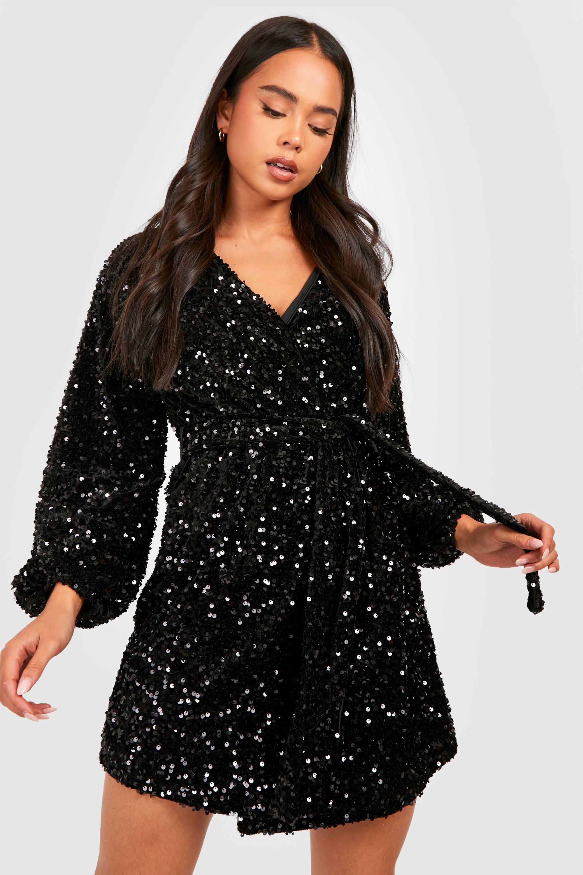 Petite Velvet Sequin Puff Sleeve Wrap Dress boohoo