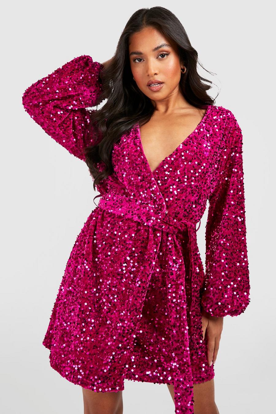 Hot pink Petite Velvet Sequin Puff Sleeve Wrap Dress image number 1