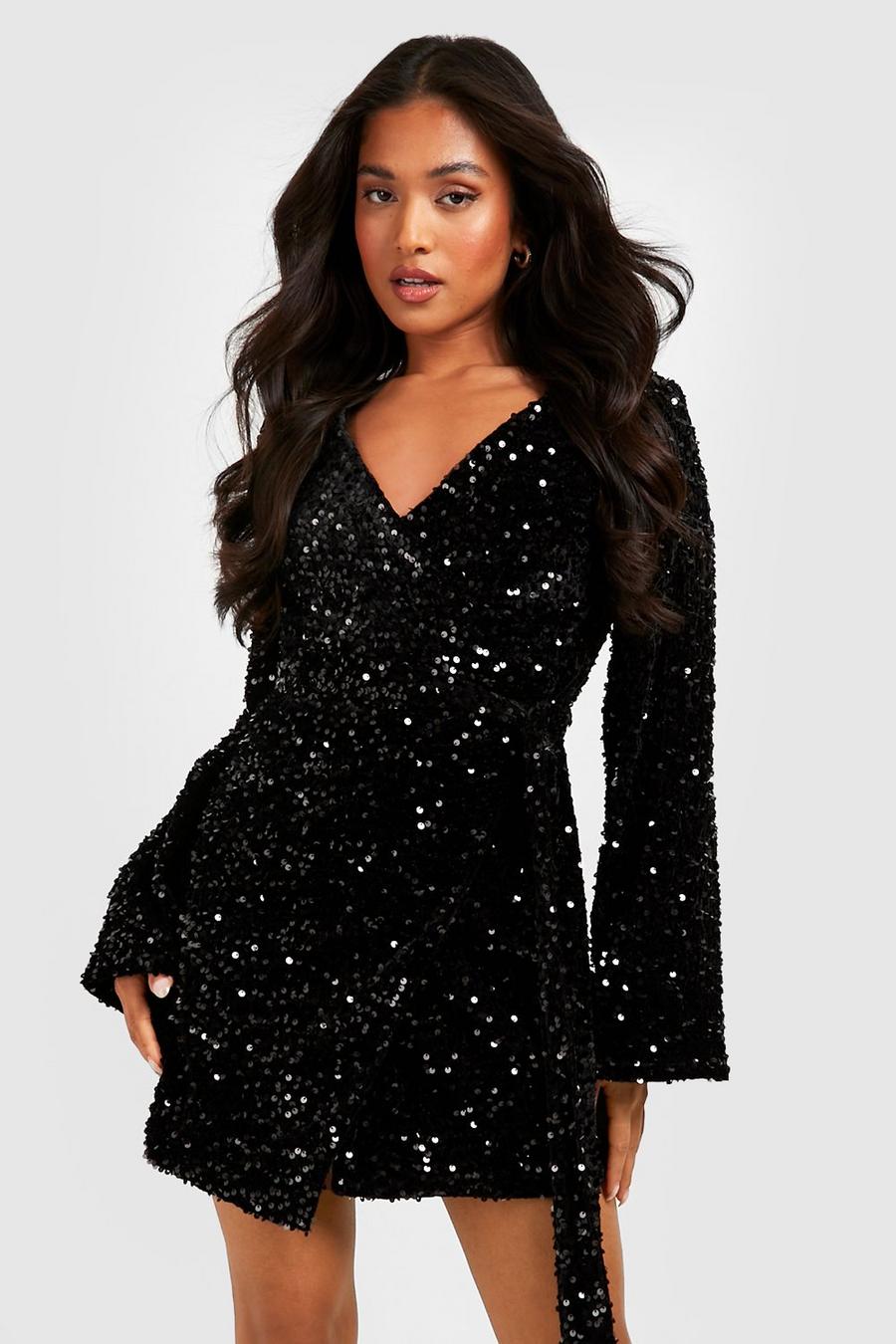 Black Petite Velvet Sequin Flare Sleeve Wrap Dress image number 1