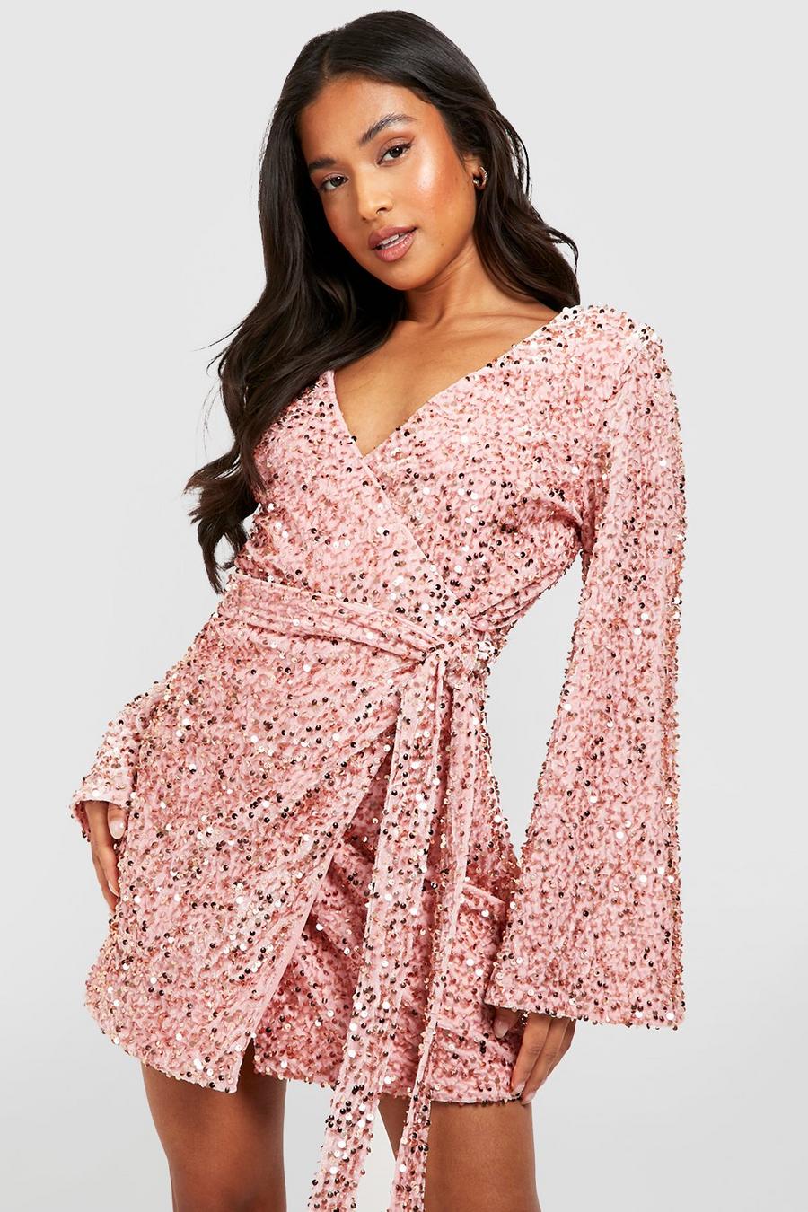 Blush pink Petite Velvet Sequin Flare Sleeve Wrap Dress image number 1
