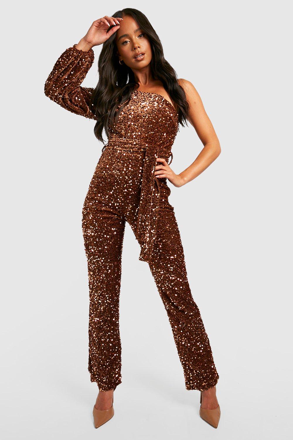 Petite Velvet Sequin One Shoulder Jumpsuit | boohoo