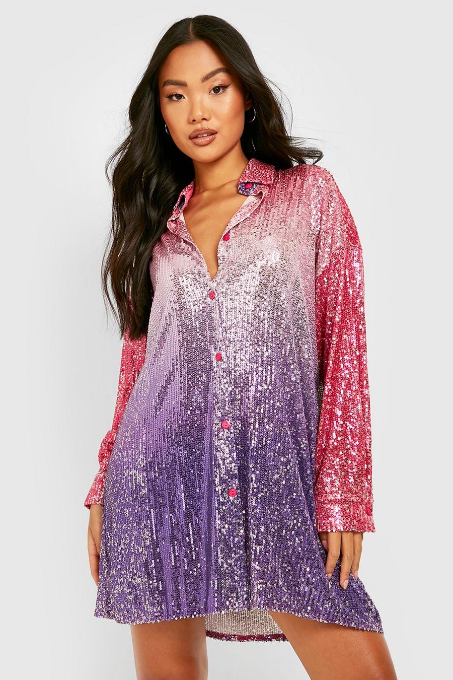 Purple Petite Ombre Sequin Shirt Dress
