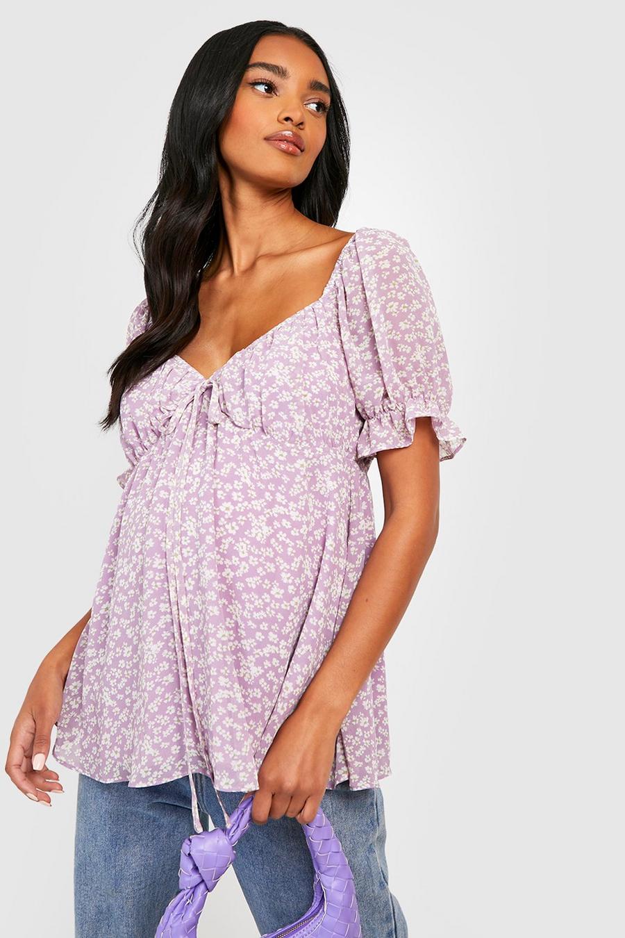 Lilac purple Maternity Floral Puff Sleeve Smock Top