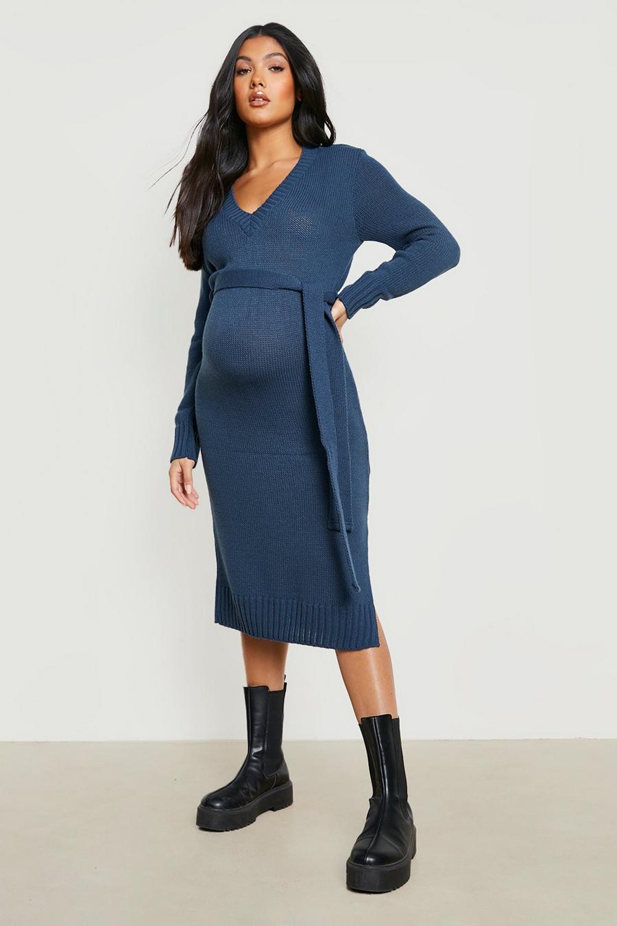 Dark blue Maternity V Neck Sweater Midi Dress