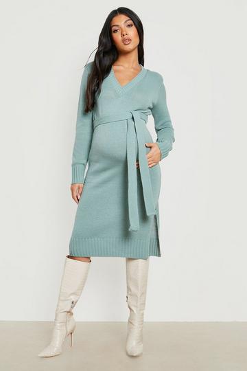 Maternity V Neck Sweater Midi Dress sage