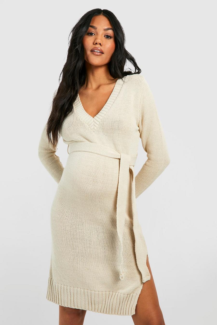 Stone Maternity V Neck Sweater Midi Dress image number 1